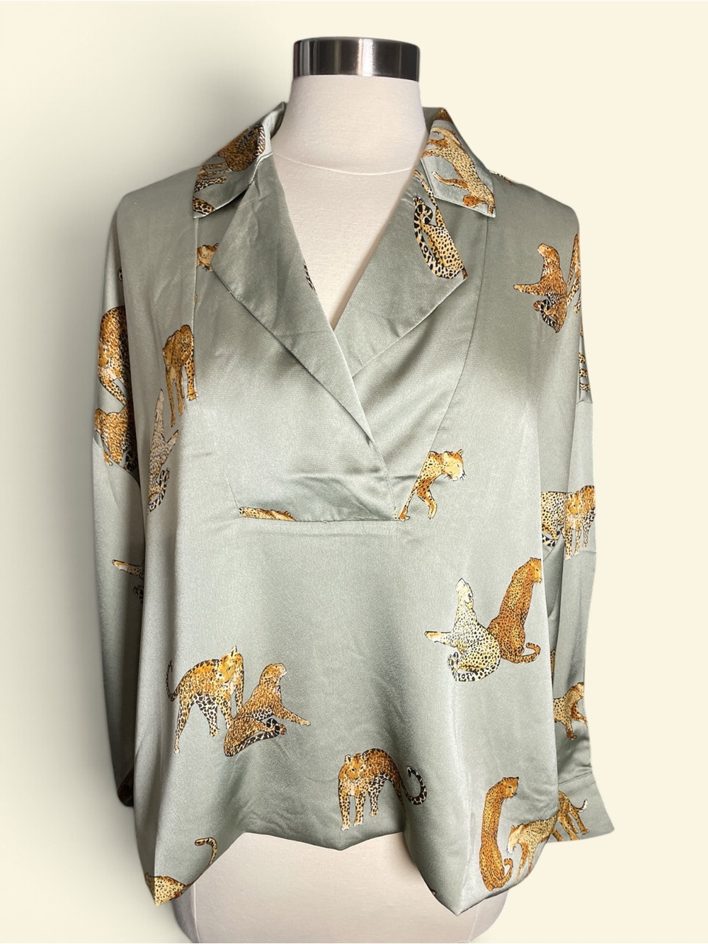 Easel Sage Green Leopard Print Blouse Oversized Size Small NWT